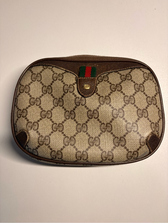Gucci Handbags - Gucci Beige & Brown Monogram Cosmetic Pouch with Green-Red Web